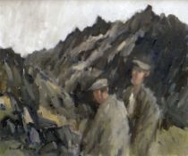 GARETH PARRY oil on canvas - two figures in mountainous landscape, entitled verso 'Two Men in a