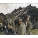 GARETH PARRY oil on canvas - two figures in mountainous landscape, entitled verso 'Two Men in a
