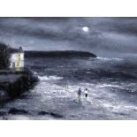 PETER JOHN JONES acrylic on board - night-time in Laugharne, entitled 'Boathouse and Lovers', signed