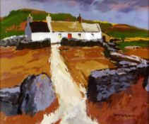 DONALD McINTYRE acrylic - whitewashed cottage, entitled verso 'Path Through Field', signed, 50 x