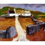 DONALD McINTYRE acrylic - whitewashed cottage, entitled verso 'Path Through Field', signed, 50 x