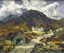 CHARLES WYATT WARREN oil on board - landscape with cottage, entitled verso 'Hill Farm Near