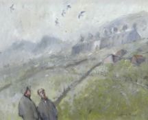 GARETH PARRY oil on board - two figures gazing upwards at pigeons below terraced houses, entitled