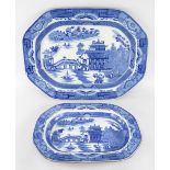 LARGE & MEDIUM SIZE DILLWYN CAMBRIAN BLUE & WHITE TRANSFER PLATTERS in the 'Long Bridge Willow'