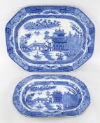 LARGE & MEDIUM SIZE DILLWYN CAMBRIAN BLUE & WHITE TRANSFER PLATTERS in the 'Long Bridge Willow'