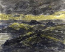 SIR KYFFIN WILLIAMS RA watercolour and pencil - stormy weather approaching mountainous landscape