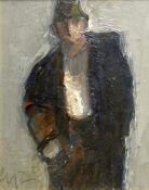 WILL ROBERTS oil on board - standing figure in hat, signed with initials, 17 x 13cms Provenance: