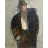 WILL ROBERTS oil on board - standing figure in hat, signed with initials, 17 x 13cms Provenance: