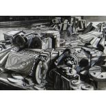 ELWYN THOMAS mixed media drawing - industrial study, entitled verso 'Maerdy Colliery Machinery for