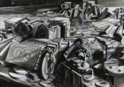 ELWYN THOMAS mixed media drawing - industrial study, entitled verso 'Maerdy Colliery Machinery for