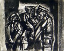 MERLYN EVANS etching - group of figures, entitled verso 'The Miners 1946', 37 x 45cms