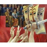 NOEL McCREADY watercolour - theatrical scene with audience and hands aloft with sword, signed and
