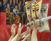 NOEL McCREADY watercolour - theatrical scene with audience and hands aloft with sword, signed and