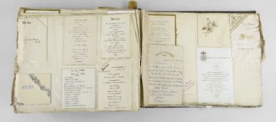 A COMPREHENSIVELY FILLED SCRAP BOOK OF VICTORIAN & LATER DINNER MENU CARDS many from auspicious