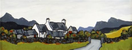 DAVID BARNES oil on board - row of cottages on lane with mountains in background, entitled verso '