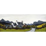 DAVID BARNES oil on board - row of cottages on lane with mountains in background, entitled verso '