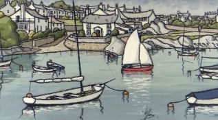 ALAN WILLIAMS acrylic on rag paper - Anglesey coastal scene with boats, entitled verso 'Cemaes Bay',