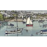 ALAN WILLIAMS acrylic on rag paper - Anglesey coastal scene with boats, entitled verso 'Cemaes Bay',