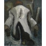 WILL ROBERTS oil on canvas - rear of figure wearing long coat, entitled verso 'Man with Barrow',