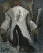 WILL ROBERTS oil on canvas - rear of figure wearing long coat, entitled verso 'Man with Barrow',