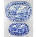 LARGE & MEDIUM SIZE GLAMORGAN POTTERY BLUE & WHITE TRANSFER PLATTERS in the 'Ladies of Llangollen'
