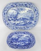 LARGE & MEDIUM SIZE GLAMORGAN POTTERY BLUE & WHITE TRANSFER PLATTERS in the 'Ladies of Llangollen'