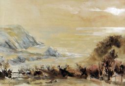 VALERIE GANZ watercolour - Gower coastal view with cliffs, signed, 25 x 36cms