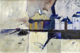 ALASTAIR ELKES-JONES oil on board - Swansea Bay with lighthouse, signed, 38 x 56cms