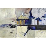 ALASTAIR ELKES-JONES oil on board - Swansea Bay with lighthouse, signed, 38 x 56cms