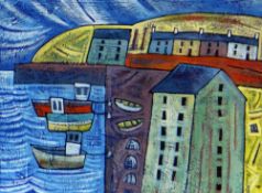 ANTHONY EVANS acrylic on board mounted in box frame - colourful view, entitled verso 'Cei / Quay',