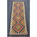 CHOBI KILIM RUNNER - black and cream border with vibrant central diamond block pattern, 123 x 82cms