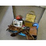 VINTAGE TRAVEL TRUNK & CONTENTS including a Jones Meccano sewing maching, toy Harley Davidson