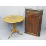 TWO ANTIQUE OAK FURNITURE ITEMS including a wall hanging corner cupboard with single chamfered panel