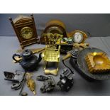 VINTAGE KITCHENALIA, clocks and tools ETC including a miniature wood plane stamped '100', within two