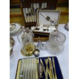 PART CANTEEN of bone handled cutlery, other flatware, silver, modern anniversary clock ETC
