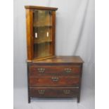 VINTAGE THREE DRAWER CHEST and a modern corner display cabinet with shaped shelves, 74cms H, 92cms