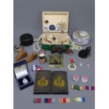 WWII COMMEMORATIVE & ARMED FORCES BADGES and other mixed collectables including an Art Deco style