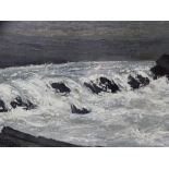 WILF ROBERTS oil and acryclic - waves on a rocky shore, signed and dated 2002, 17.5 x 25cms