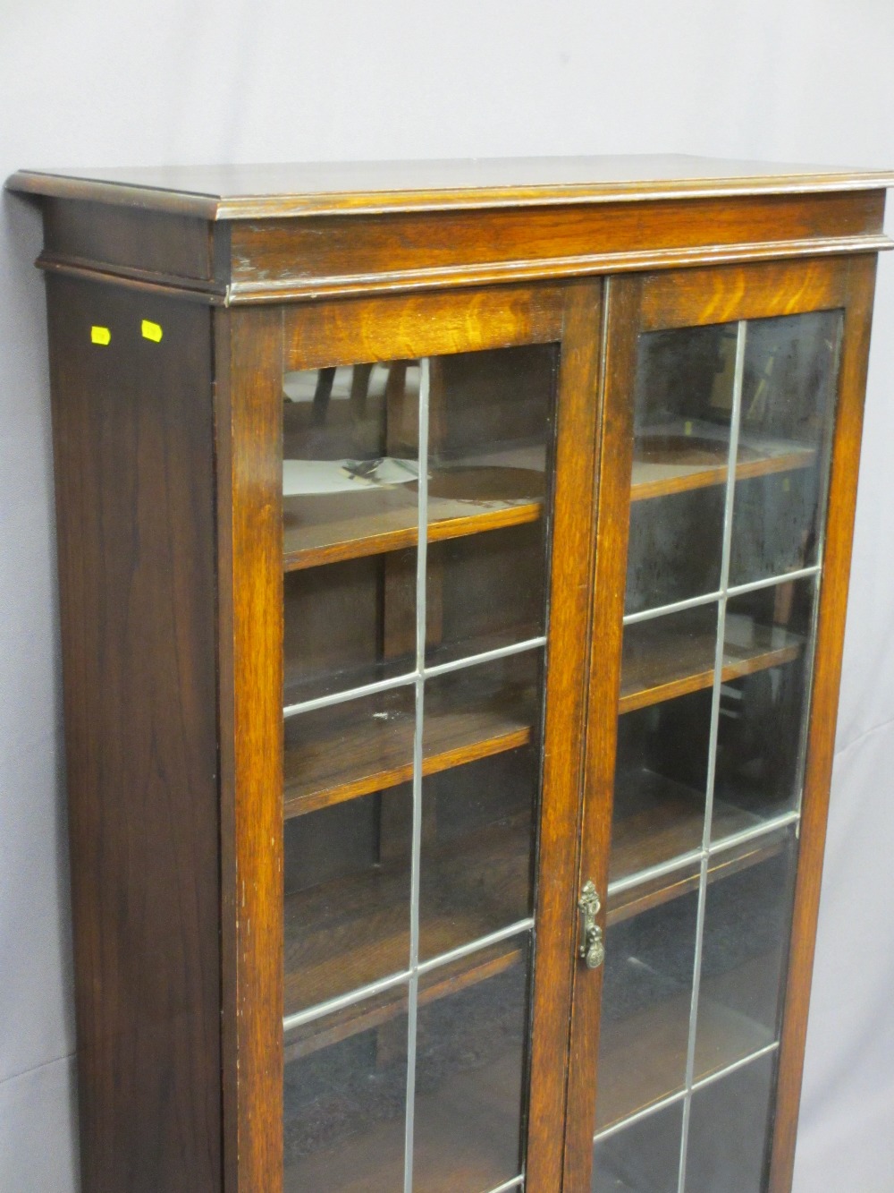 VINTAGE OAK BOOKCASE with twin leaded glass doors and fixed interior shelves, 135cms H, 81cms W, - Image 2 of 2