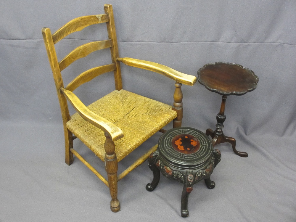 THREE VINTAGE OCCASIONAL FURNITURE ITEMS to include a ladderback armchair, raffia seated, an