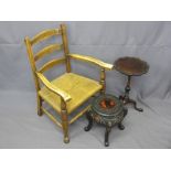 THREE VINTAGE OCCASIONAL FURNITURE ITEMS to include a ladderback armchair, raffia seated, an