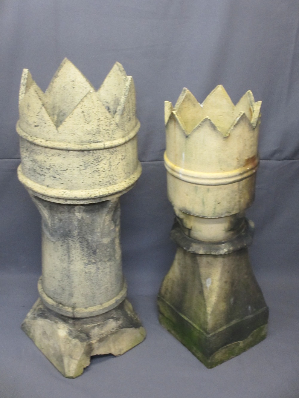 TWO VINTAGE CROWN TOP CHIMNEY POTS, 96 and 104cm heights