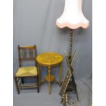 FOUR VINTAGE FURNITURE ITEMS including a circular top two-tier walnut side table, an oak barley