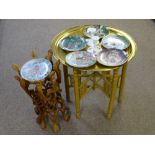 FOLDING BRASS TOP TABLE, planter stand with a small quantity of collector's china including a pair