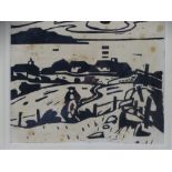 SIR KYFFIN WILLIAMS RA woodcut - Anglesey farmer before a row of cottages, unsigned, 13.25 x 15.