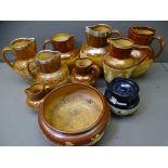 DOULTON LAMBETH STONEWARE JUGS ETC, a collection, some having silver collars