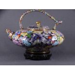 LARGE CLOISONNE ENAMEL TEA KETTLE on hardwood stand, 20th century profusely decorated in multi-