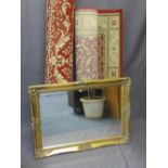 REPRODUCTION GILT FRAMED WALL MIRROR and two modern red ground rugs