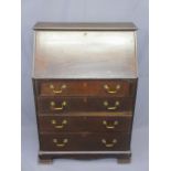 VINTAGE OAK FALL-FRONT BUREAU having four lower drawers with brass swan neck handles on corner