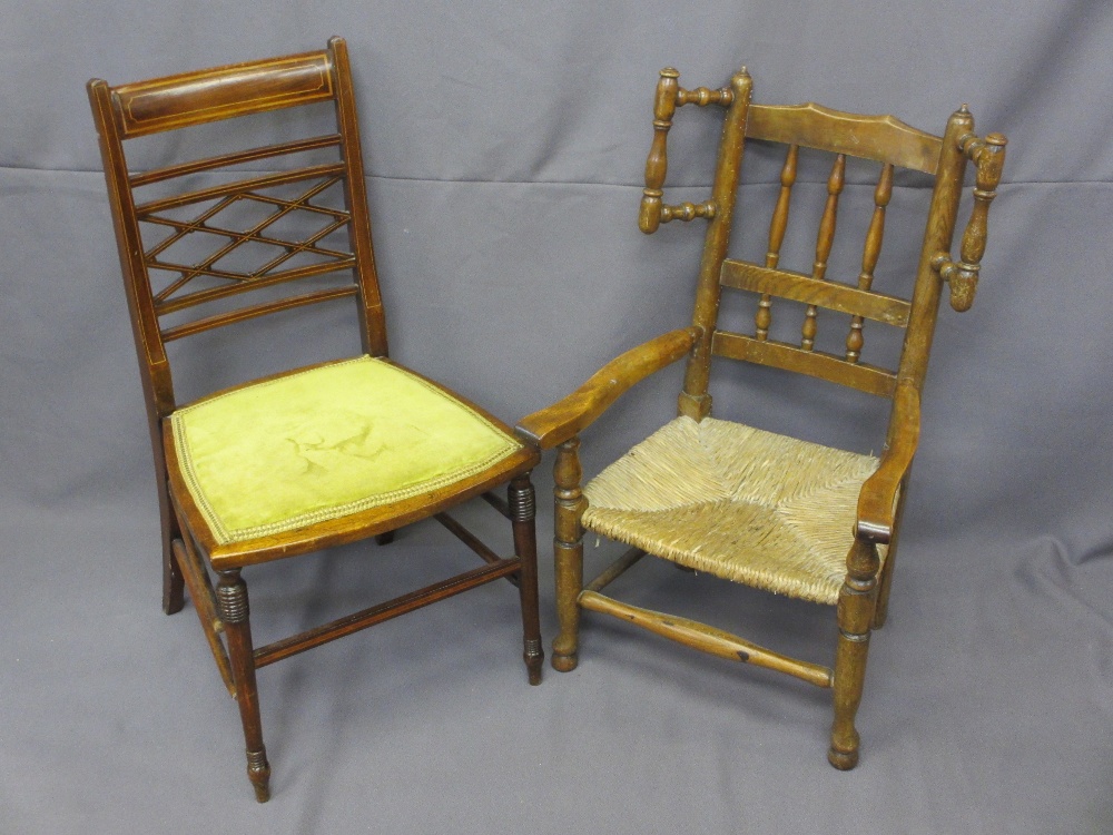 CHILD'S VINTAGE SPINDLEBACK ARMCHAIR and a mahogany side chair, 75cms H, 46cms W, 30cms seat depth